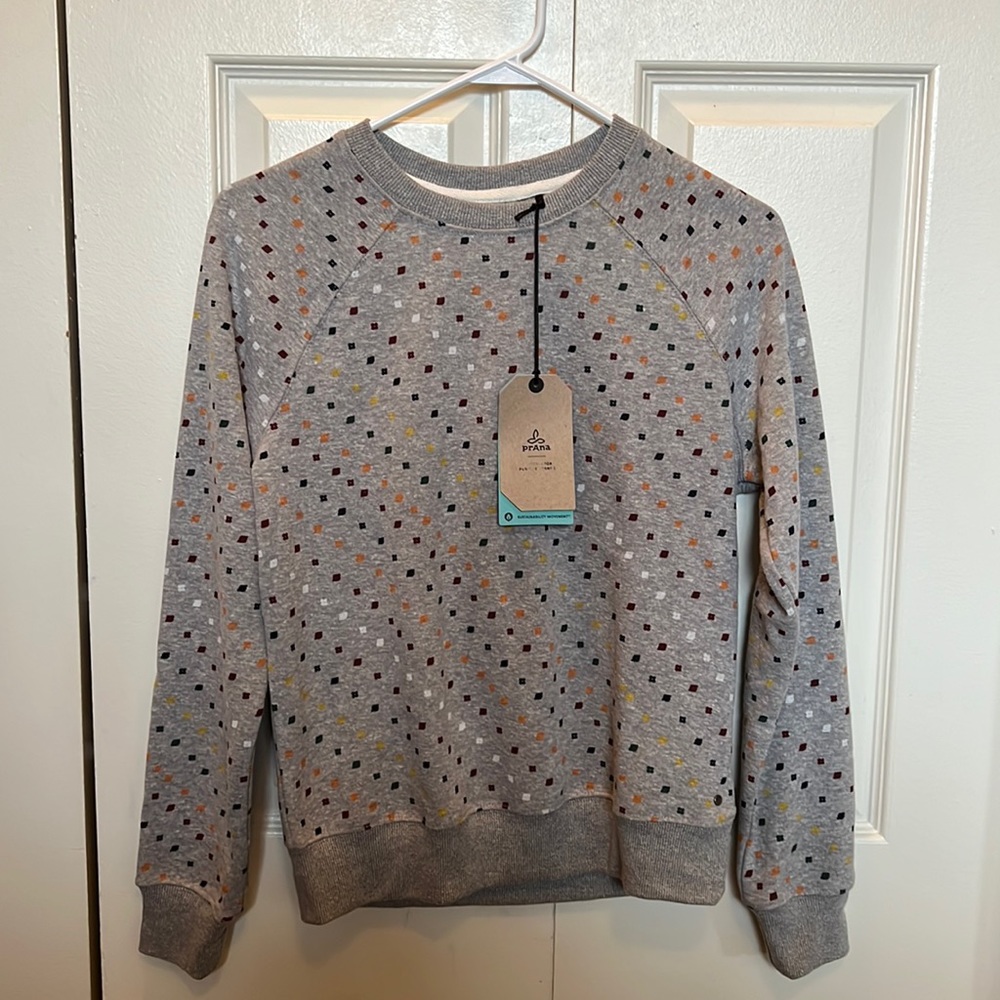 Prana Cozy Up Sweatshirt in "Heather Grey Ditsy Road", XS